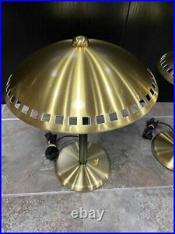 MCM Style Lamp Set, Brass Gold, Art Deco Hurricane Mushroom Dome Top Table Pair