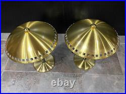 MCM Style Lamp Set, Brass Gold, Art Deco Hurricane Mushroom Dome Top Table Pair