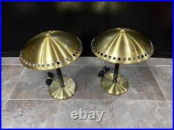 MCM Style Lamp Set, Brass Gold, Art Deco Hurricane Mushroom Dome Top Table Pair