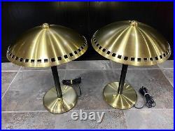 MCM Style Lamp Set, Brass Gold, Art Deco Hurricane Mushroom Dome Top Table Pair