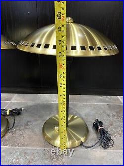 MCM Style Lamp Set, Brass Gold, Art Deco Hurricane Mushroom Dome Top Table Pair