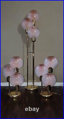 MID Century Art Deco Vtg Pink Murano Glass Brass Lollipop Floor & Table Lamps