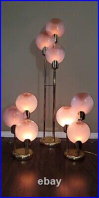 MID Century Art Deco Vtg Pink Murano Glass Brass Lollipop Floor & Table Lamps