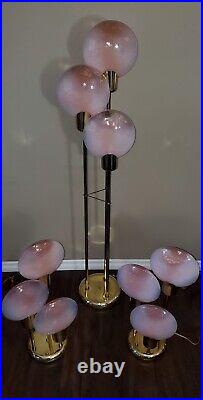 MID Century Art Deco Vtg Pink Murano Glass Brass Lollipop Floor & Table Lamps