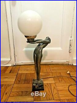 Max Le Verrier Clarté Art Deco lamp nude woman holding globe marble base