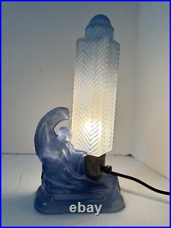 McKee Blue Satin Glass Art Deco Angel withLyre Lamp & Torpedo Skyscraper Shade
