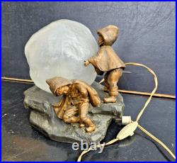 Mednat Night Light Children With Snowball Metal + Art Deco Glass 1930