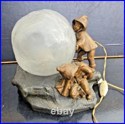 Mednat Night Light Children With Snowball Metal + Art Deco Glass 1930