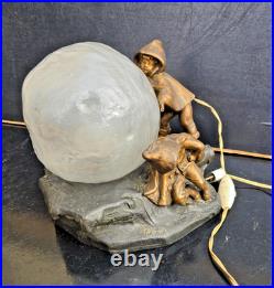 Mednat Night Light Children With Snowball Metal + Art Deco Glass 1930
