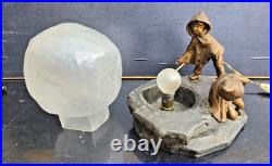Mednat Night Light Children With Snowball Metal + Art Deco Glass 1930