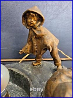 Mednat Night Light Children With Snowball Metal + Art Deco Glass 1930