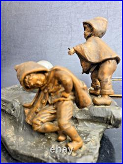 Mednat Night Light Children With Snowball Metal + Art Deco Glass 1930