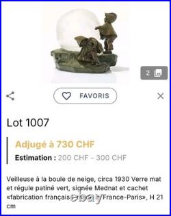 Mednat Night Light Children With Snowball Metal + Art Deco Glass 1930