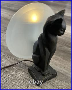 Mid Century Art Deco Cat Table Lamp, Frosted Glass Moon Shade, 8 Tall, Works