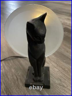 Mid Century Art Deco Cat Table Lamp, Frosted Glass Moon Shade, 8 Tall, Works