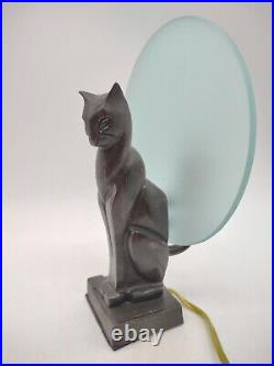 Mid Century Art Deco Cat Table Lamp, Frosted Glass Moon Shade, 9 Tall, Works