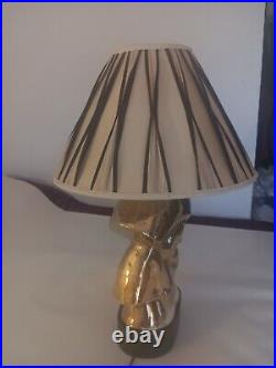 Mid Century Sculptural Art Deco Inspired Gold-Plated Ceramic Brass & Wood Lamp