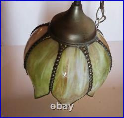 Mid Century Slag Glass Tulip Pendant Lamp Hanging 6 Panel 11.5