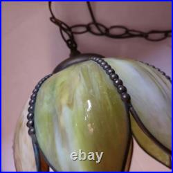 Mid Century Slag Glass Tulip Pendant Lamp Hanging 6 Panel 11.5