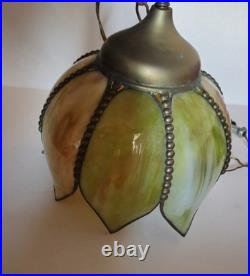 Mid Century Slag Glass Tulip Pendant Lamp Hanging 6 Panel 11.5