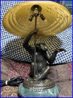Monkey Lamp, Art Deco Vintage. Bronze On Marble, Beautiful Shade, 3 Small Bulbs