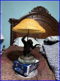Monkey Lamp, Art Deco Vintage. Bronze On Marble, Beautiful Shade, 3 Small Bulbs