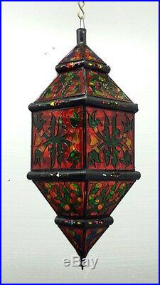 Moroccan rustic red painted glass chandelier, Moorish lantern, art deco, lamp
