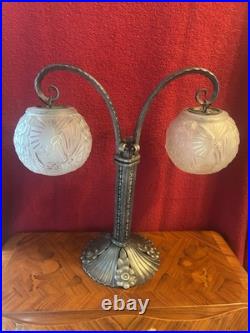 Muller Frères Luneville Important Peacock Lamp Wrought Iron Art Deco 1930