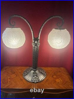 Muller Frères Luneville Important Peacock Lamp Wrought Iron Art Deco 1930