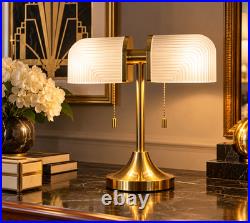 New Art Deco Style Table Lamp White Ribbed Glass Gold Dual Light Pull Chain