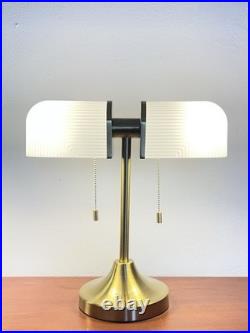 New Art Deco Style Table Lamp White Ribbed Glass Gold Dual Light Pull Chain