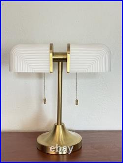 New Art Deco Style Table Lamp White Ribbed Glass Gold Dual Light Pull Chain