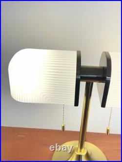 New Art Deco Style Table Lamp White Ribbed Glass Gold Dual Light Pull Chain
