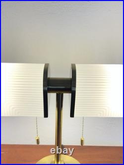 New Art Deco Style Table Lamp White Ribbed Glass Gold Dual Light Pull Chain
