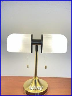 New Art Deco Style Table Lamp White Ribbed Glass Gold Dual Light Pull Chain