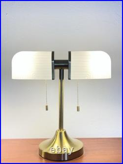 New Art Deco Style Table Lamp White Ribbed Glass Gold Dual Light Pull Chain