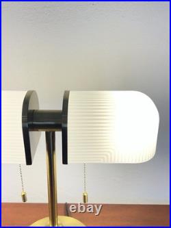 New Art Deco Style Table Lamp White Ribbed Glass Gold Dual Light Pull Chain