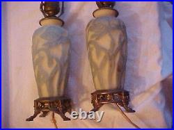 Nice PAIR of Antique ART DECO Unmarked PHOENIX Glass Floral Electric Lamp Bases