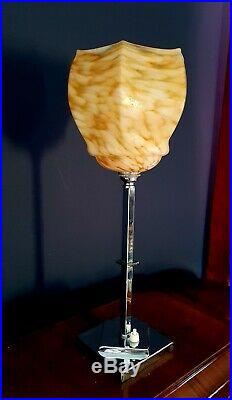 ORIGINAL 1930s ART DECO LAMP TABLE DESK LAMP CHROME STEM GLASS UPLIGHTER SHADE