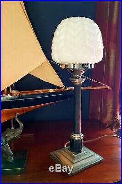 ORIGINAL 1930s ART DECO LAMP TABLE DESK LAMP CHROME STEM MILK GLASS SHADE RARE