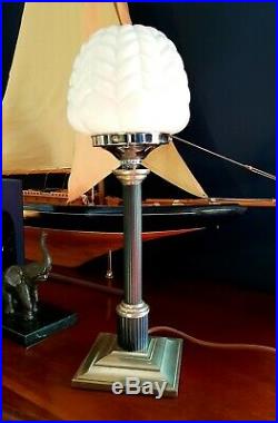 ORIGINAL 1930s ART DECO LAMP TABLE DESK LAMP CHROME STEM MILK GLASS SHADE RARE