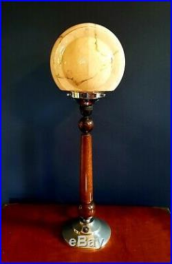 ORIGINAL 1930s ART DECO TABLE DESK LAMP WALNUT & CHROME STEM. GLOBE GLASS SHADE