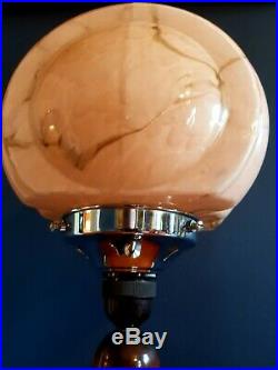 ORIGINAL 1930s ART DECO TABLE DESK LAMP WALNUT & CHROME STEM. GLOBE GLASS SHADE
