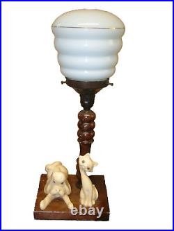 ORIGINAL CAT AND DOG 1930s ART DECO LAMP LAMPE, ALABASTER, HOOPED GLASS SHADE
