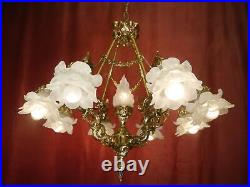 Old 9 Light White Satined Glass Brass Art Deco Lamp Chandelier Rose Leaf Ø 24