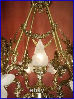 Old 9 Light White Satined Glass Brass Art Deco Lamp Chandelier Rose Leaf Ø 24