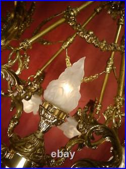 Old 9 Light White Satined Glass Brass Art Deco Lamp Chandelier Rose Leaf Ø 24