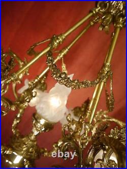 Old 9 Light White Satined Glass Brass Art Deco Lamp Chandelier Rose Leaf Ø 24