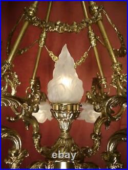 Old 9 Light White Satined Glass Brass Art Deco Lamp Chandelier Rose Leaf Ø 24