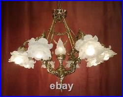 Old 9 Light White Satined Glass Brass Art Deco Lamp Chandelier Rose Leaf Ø 24